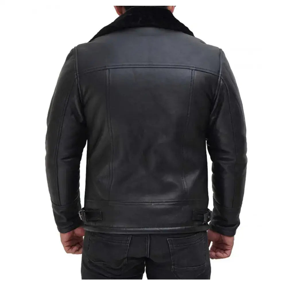 Mens Black Shearling Leather Bomber Jacket