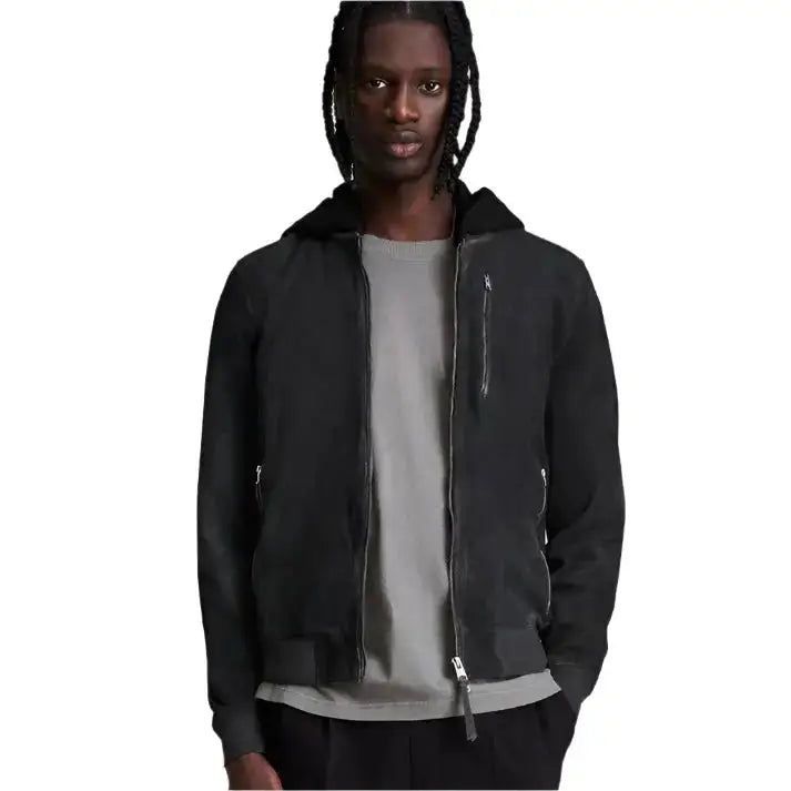 Mens Suede Leather Hooded Bomber Jacket
