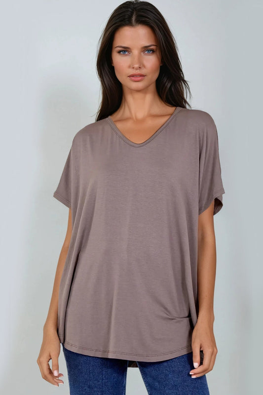 Mocha Oversized V Neck T Shirt-0
