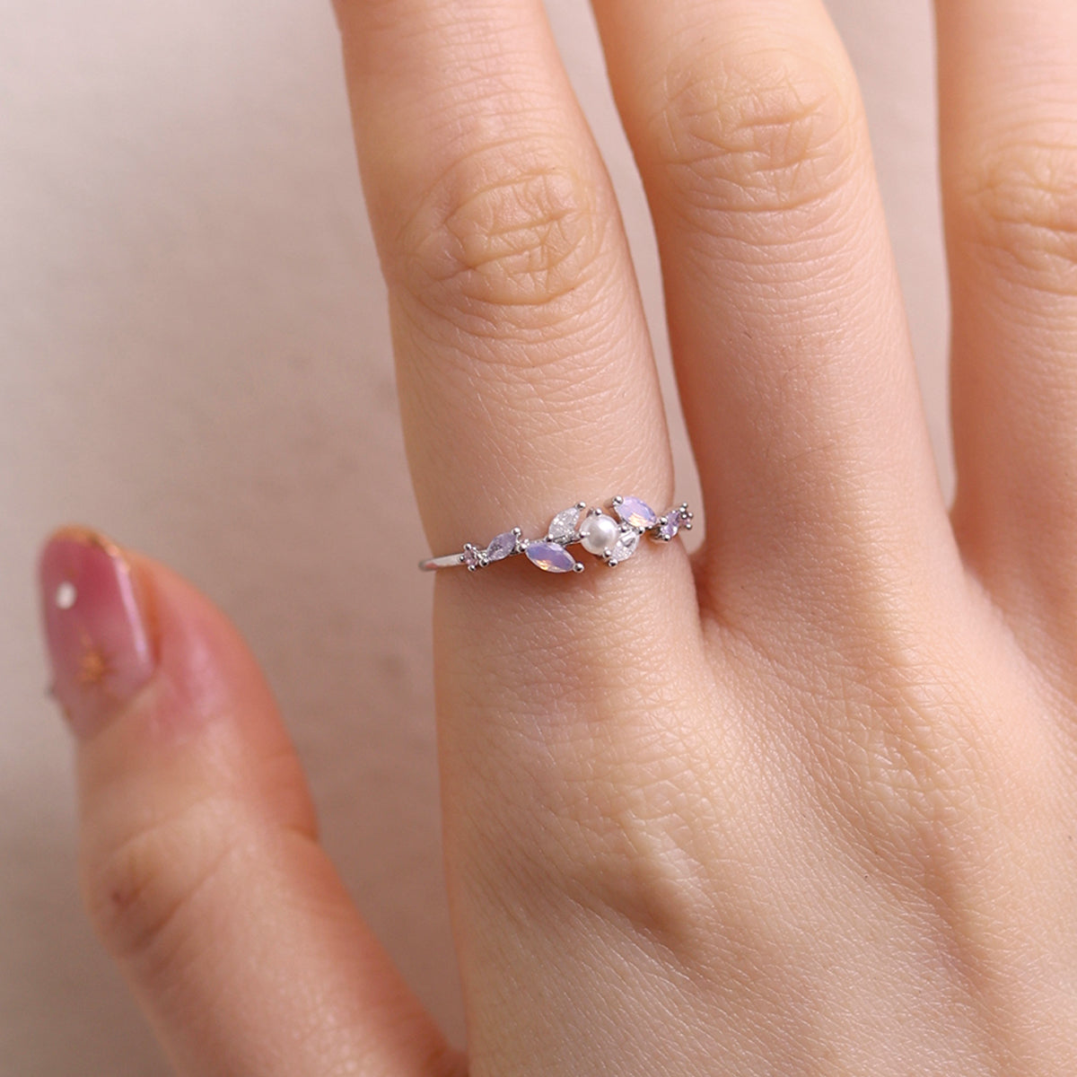 moonstone cubic pearl vine ring-3