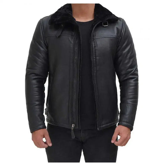 Mens Black Shearling Leather Bomber Jacket
