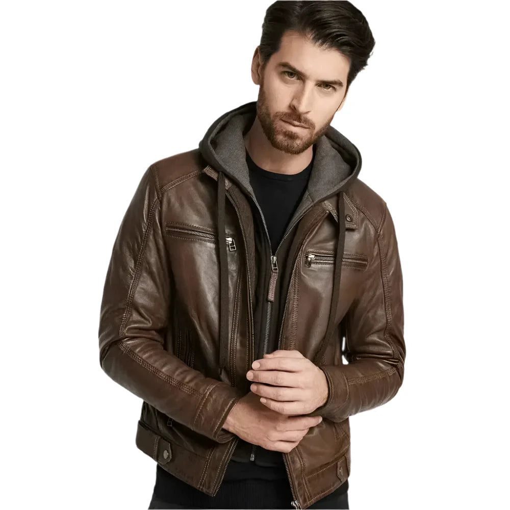 Men’s Brown Hooded Leather Jacket