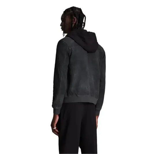 Mens Suede Leather Hooded Bomber Jacket