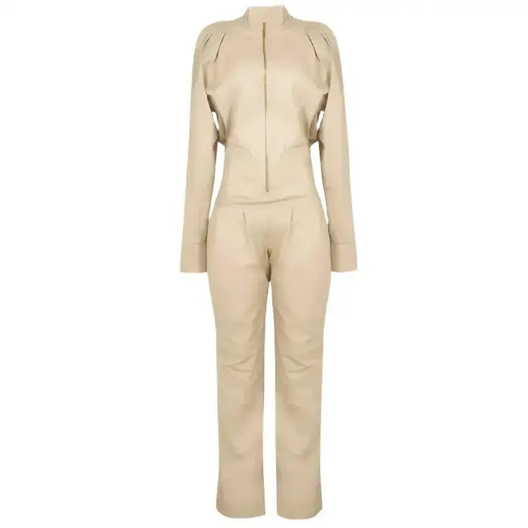 Women's Round Neckline Leather Jumpsuit